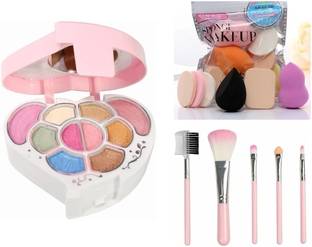 Ashyra Heart Shape Eyeshadow Palette+5Pc Pink Makeup Brush Set+6in1 Makeup Sponge Set