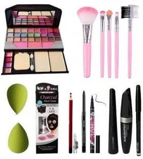 Pohok 6155 Make Up kit,5 Brush,2 Puff,Charcoal mask,Red Pencil,3in1,Kajal,36 HR