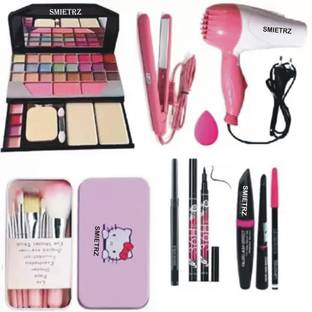SMIETRZ MAKEUP KIT,7 BRUSH,DRYER,STRAIGHTENER,PUFF,KAJAL,EYELINER,3IN1 ( PERFECT COMBO )