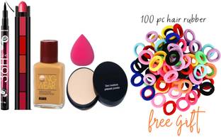 swenky 5in1 creamy lipstick with compact foundation eyeliner puff & 100pc hair rubber