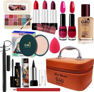 G4U All in One Makeup Kit Gift Set,High Quality Eyeshadow, Waterproof Black Eyeliner Pen,Foundation, 3 Lipsticks,Kajal,Lip Liner,Puff,Mascara, 2 nail Polish,Compact ,Perfect for Party makeup Casual makeup Wedding makeup With Makeup Box (Set Of 18Pcs) ST 109