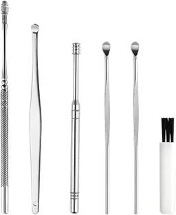 Shopeleven Curette Removal Ear Wax Cleaner Silver Swab Spiral Pick (Set of 5 Pieces)