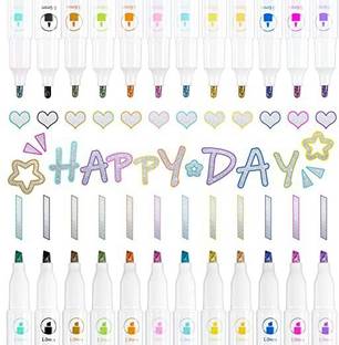 Levin Double Line Outline Pens, Dual Tip Metallic Markers Self-Outline 12 Colors