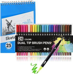 Wynhard 24 Pcs Color Markers Dual Tip Colored Brush Pens Art Marker with Sketch Book