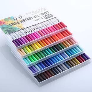 KRAFTMASTERS 100 Pcs Dual Tip Brush Marker Pens Fine Tip Markers & Brush Highlighter Pen
