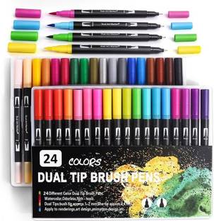 Corslet Brush Marker Pens Dual Tip, 24 Color Markers, Fine Tip and Brush Tip Art Markers