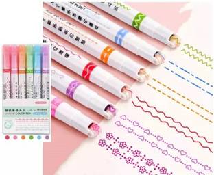 SAH 6PCS Linear Roller Color Pens Highlighters with 6 Different Curve/Dot line/