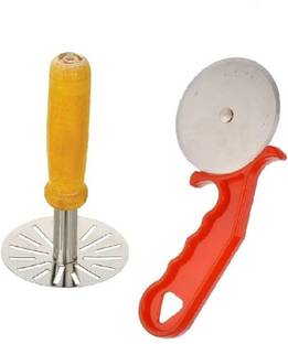 LSARI Wooden Potato Masher with Plastic Pizza Cutter Stainless Steel Masher