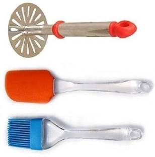 LSARI Silicone Spatula Brush Set Steel Handle Potato Masher Stainless Steel Masher