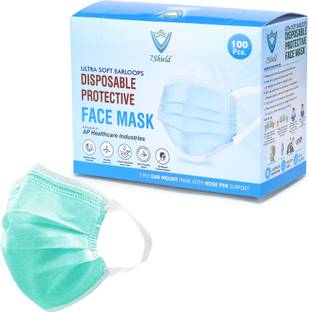 7SHIELD CE and ISO Certified with Extra soft Fabric ear loop and Inbuilt Plastic coated Nose pin disposable Blue unisex mask Green Soft Fabric ear loop Water Resistant Surgical Mask