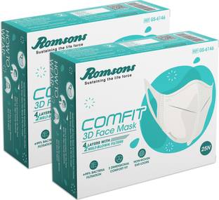Romsons Comfit 3D Face Mask - Grey (Pack of 2), 50 pcs ORC3DGFM2502 Washable Surgical Mask With Melt Blown Fabric Layer