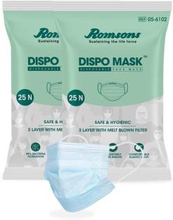 Romsons Dispo Mask 3 Ply Mask With Elastic Ear Loops, 25 pcs/Pack, (Pack of 2), 50 Pcs Dispo Mask 3 Ply Mask With Elastic Ear Loops Surgical Mask With Melt Blown Fabric Layer