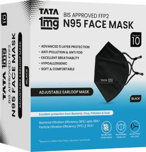 TATA 1mg BIS Approved FFP2 N95 Mask Black with Adjustable Ear Loop Reusable