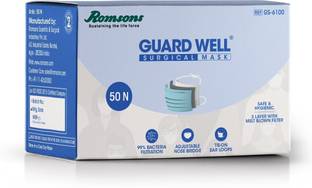 Romsons Guard Well 3 Ply Surgical Face Mask Tie-On Ear Loops, Pack of 1, 50 Pcs Guard Well 3 Ply Surgical Face Mask with Tie-On Ear Loops, 50 Pcs, (Pack of 1) Non-Washable Surgical Mask With Melt Blown Fabric Layer