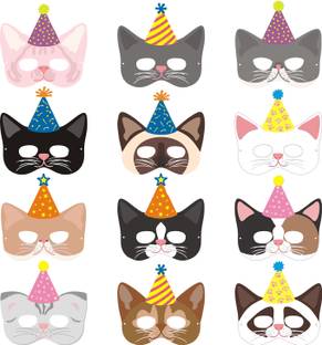 ZYOZI Cat Theme Birthday Masks / Cat Masks for Kids Birthday (Pack Of 12) Party Mask