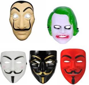 yubirth v for vendetta with joker and money heist solid stylish party mask pack of 5 Party Mask