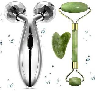 R FASHION Combo Of 3D Manual Roller for Face Body Massage with Anti Aging 100% Natural Stone Jade Roller, Gua Sha Facial Tools Massager