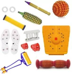 AcuHealth AH67 Acupressure Massager Tools Combo Kit with Multipurpose Roller Massager (Pyramidal cuts) + Bio-Magnetic Power Foot Mat (Magnet-Therapy) + Shoe Sole + Pocket Exerciser + Wooden Ball + Mini Roller With Finger Massager + Karela Plastic + Wooden Jimmy + Wooden Handle Roller + Thumb Pad + 3 Pc Massage Rings For Stress And Pain Relief Acupressure Tool Kit Massager