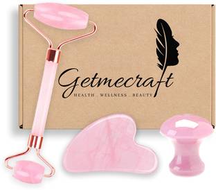 Getmecraft Rose Quartz Roller Gua Sha and Mushroom Gua Sha Set 3Pcs/Set Natural Rose Quartz Jade Roller Real Jade Gua Sha Board Mushroom Massager Face Lifting Tool Facial Guasha Massage Kit-Pink Massager