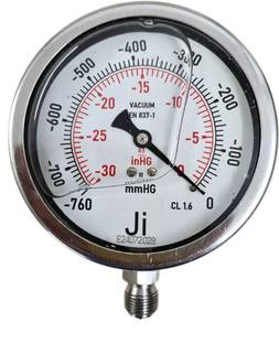 Japsin instrumentation Vacuum Gauge, 4" Dial, -760 mmhg to 0, Bottom Entry, 3/8" BSP (M) SS Connection Dial Indicator