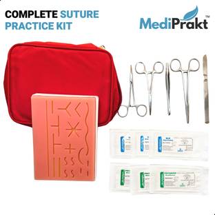 MediPrakt | COMPLETE SUTURE PRACTICE KIT | Includes LARGE Silicone Suturing Pad | With 19 Pre-Cut Incisions | Blank Area for Custom Incisions | Sturdy Stand | For Practicing and Training of Medical and Dental Students | Mimics Real Triple Layer Flesh | Medical Equipment Combo