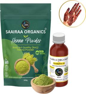 Saairaa Organics BAQ Bridal Henna Powder (triple sifted) 100g with Eucalyptus Oil 30ml Combo Natural Mehendi