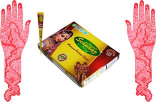 VIMAL s Sehnaaz Combo - 12 Maroon Gold Instant Cone and 1 Pair Full Hand Reusable Henna Stencil Synthetic Mehendi