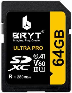 BRYT Momory Card Read Speed Upto 104 MB/s for DSLR Camera 4K Video A1 V60 UHS-II U3 High Capacity SD Card 64 GB SDXC Class 10 280 MB/s  Memory Card Compatible with Camera