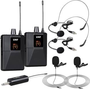 KH UHF Wireless Mic System Portable Pro Cordless Mic with 2 Headset,2 Lavalier Microphone