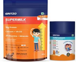 Gritzo SuperMilk Height+(7-12y Boys), 10g Protein (Double Chocolate) with Super Gummies