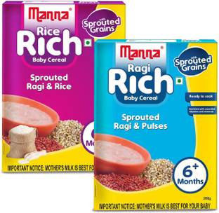 Manna Rice Rich & Ragi Rich Combo Pack| Fortified Sprouted Ragi, Green Gram, and Bengal Gram Cereal for Babies/Infants (6+ Months) | 100% Natural