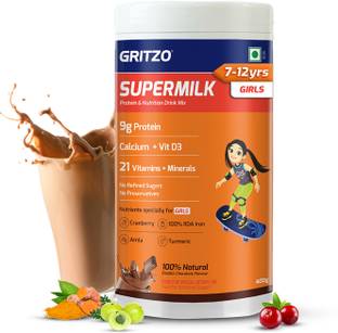 Gritzo SuperMilk Overall Growth (7-12y Girls), 9g Protein (Double Chocolate)