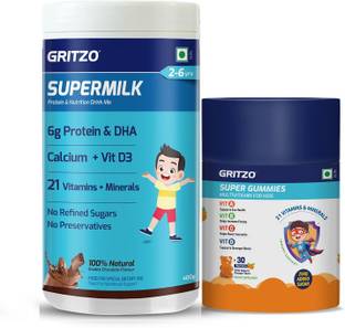 Gritzo SuperMilk Overall Growth (2-6y),6g Protein (Double Chocolate) with Super Gummies