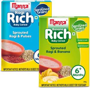 Manna Ragi Rich & Banana Rich Combo Pack| Fortified Sprouted Ragi, Green Gram, and Bengal Gram Cereal for Babies/Infants (6+ Months) | 100% Natural