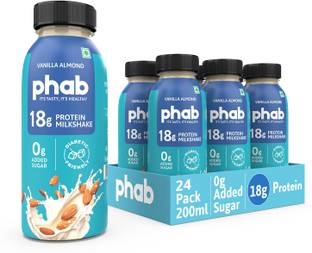 Phab Protein Milkshakes with 18g Protein, Vitamin B12, No Added sugar (Pack 24) Vanilla Almond