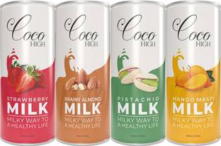 COCOHIGH Combo Mango, Pistachio, Brainy Almond & Strawberry Milkshake 200 ML (Pack of 24) Multi Flavour
