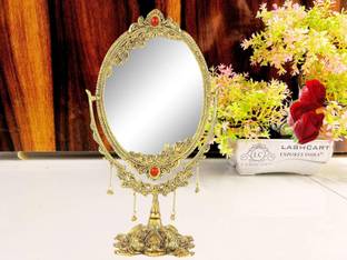 LABHCART Vintage Vanity Mirror with Stand Oval Double Side Makeup Mirror Gold Metal Frame Decorative Mirror