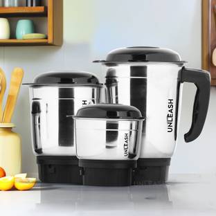 unleash Stainless Steel Mixer Grinder Jar Set Blending 1.2L Grinding 0.8L Chutney 0.4L Mixer Juicer Jar
