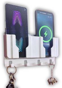 thekiteco. Wall Mount Mobile/Remote Stand with Space for 2 Mobiles & Key Hanger - White Mobile Holder