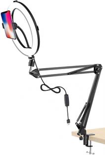 BROLAVIYA Overhead Video Stand with 10 inch Ring Light, Metal Arm,1/4 Male Adaptor Mobile Holder