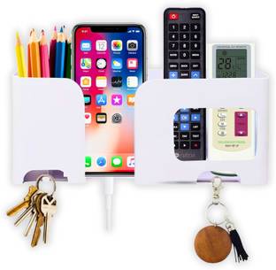 Muv up Wall Mount Mobile/Remote Stand with Key Holder- No Drill Required - White Mobile Holder