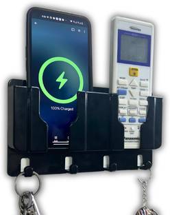 thekiteco. Wall Mount Mobile/Remote Stand with Space for 2 Mobiles & Key Hanger - Black Mobile Holder