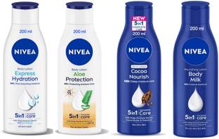 NIVEA Lotion 200ml - Express Hydration, Aloe Portection, Cocoa N., Body M. (Pack of 4)