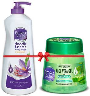 BOROPLUS Aloe Vera Gel Green Tea 200ml Jar + Doodh Kesar Body Lotion 400ml