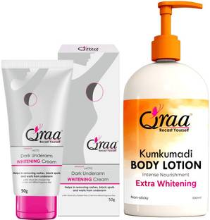 Qraa Advanced Lacto Underarm Whitening Cream 50ml with Kumkumadi Body Lotion 300ml