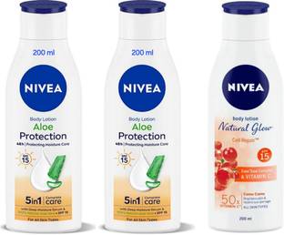 NIVEA Body Lotion 200ml - Aloe Protection SPF 15 -2pcs & N.G. Cell Repair (Pack of 3)