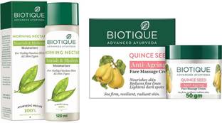 BIOTIQUE Morning Nectar Moisturizer 120ml & Quince Seed Massage Cream 50g (Pack of 2)