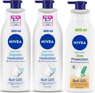 NIVEA Lotion 400ml - Express Hydration - 2pcs & Aloe Protection SPF 15 (Pack of 3)