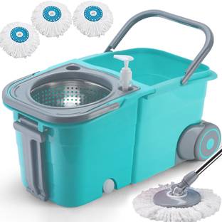 थंडर फिट स्टार्ट फ्रेश Premium Double Bucket Mop with 3 Super Microfiber Refills (C-Green) (Steel) वैट और ड्राई मोप
