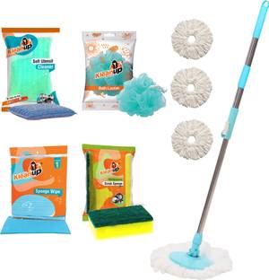 Pranay's Kleanup Combo Spin Mop-Rod Stick,Mop Head,Wipe,Scrubber,foam pad,loofah & 3Refill 360Mop Mop, Mop Refill, Mop Set, Scrub Pad, Cleaning Wipe